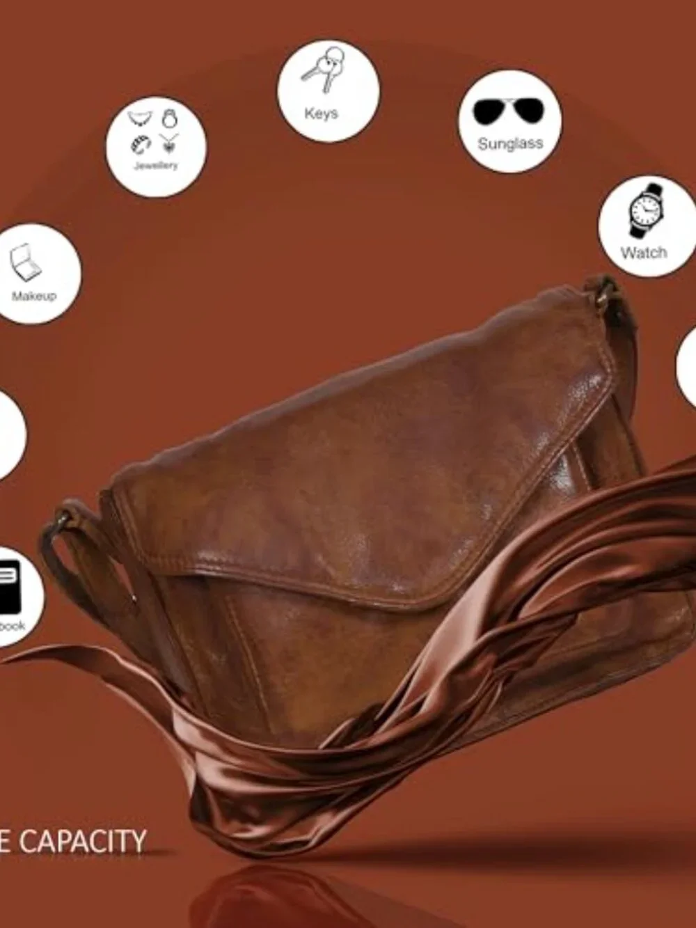 Genuine Leather Crossbody Handbag with Adjustable Strap and Overflap Snap
